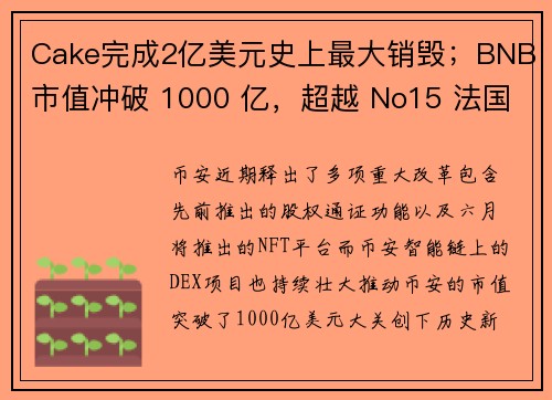 Cake完成2亿美元史上最大销毁；BNB市值冲破 1000 亿，超越 No15 法国巴黎银行